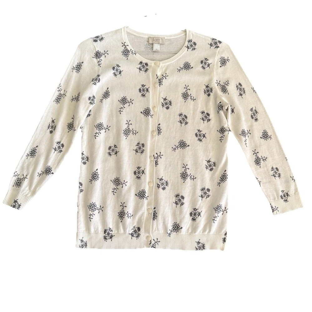 Ann Taylor LOFT Outlet Women's M 100% Cotton Cardigan Sweater Ivory Gray Floral
